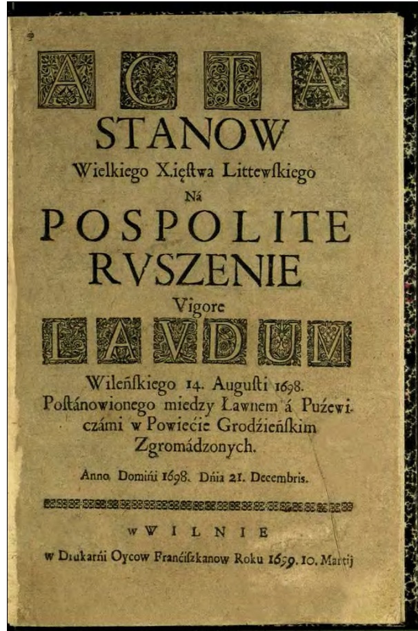 Obrazek 1698 rok – Pospolite ruszenie wojsk WKL-u zgromadzone w Powiecie Grodzieńskim – Powiat Brasławski